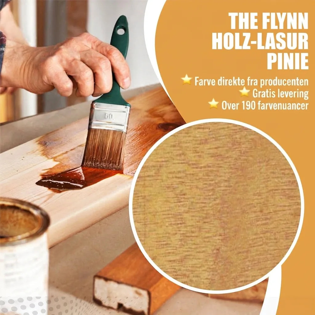 Person påfører trælasur på træplade. Reklame for THE FLYNN trælasur Pinie, med gratis fragt og 190+ nuancer.