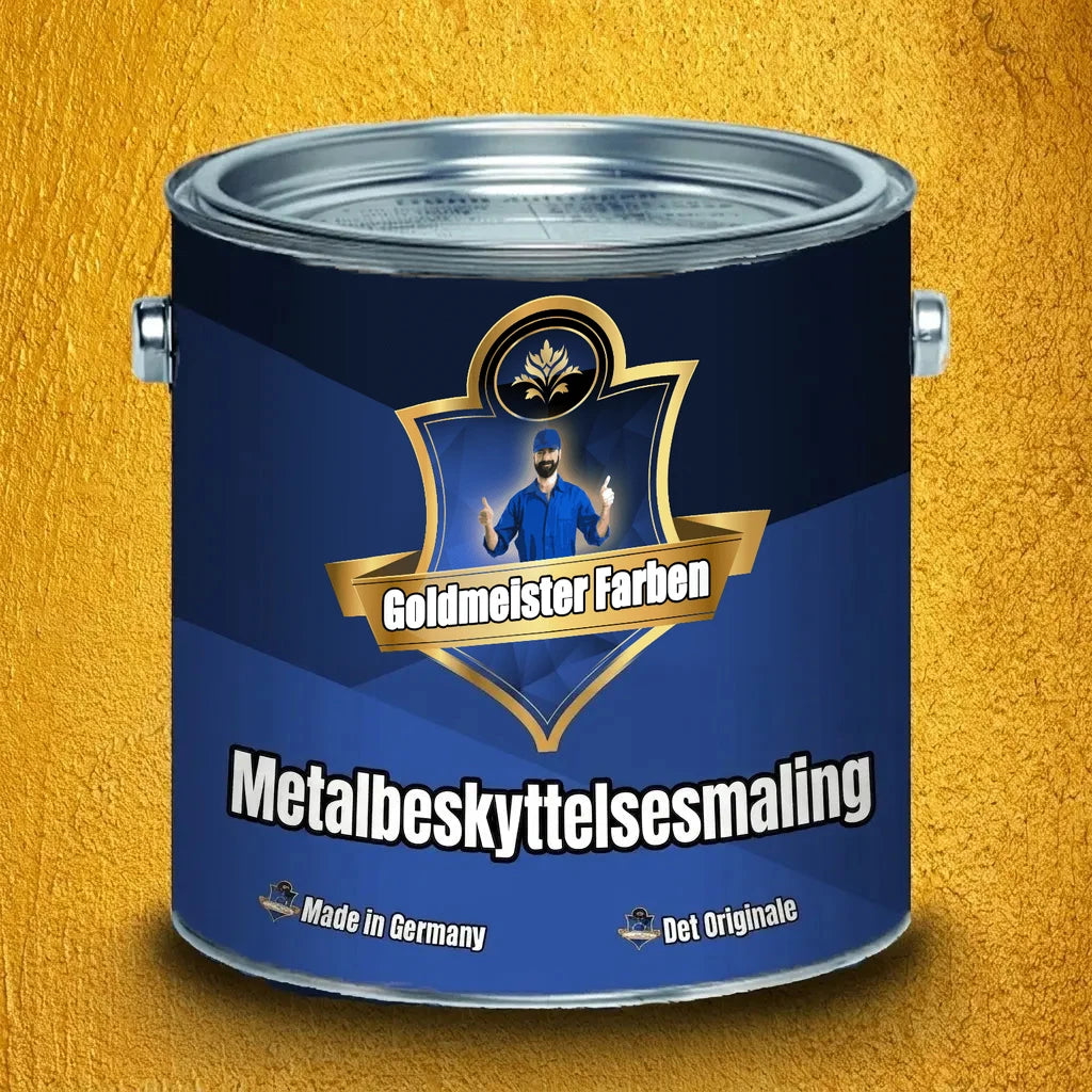 Blå Goldmeister Farben metalbeskyttelsesmaling dåse med gyldent logo og en mand der giver thumbs up. Made in Germany.