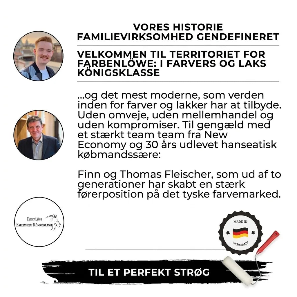 Farbenlöwe marketinggrafik: Tysk familieejet virksomhed inden for maling og lak, Finn og Thomas Fleischer, 'Made in Germany'.