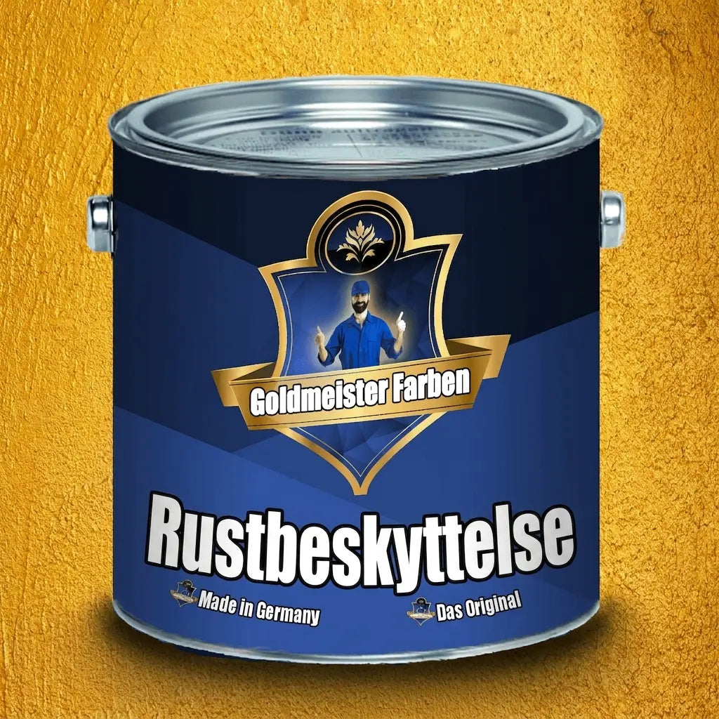 Blå Goldmeister Farben malingsdåse til rustbeskyttelse. Guld-etiket med mand der giver tommelfinger op. Fremstillet i Tyskland.