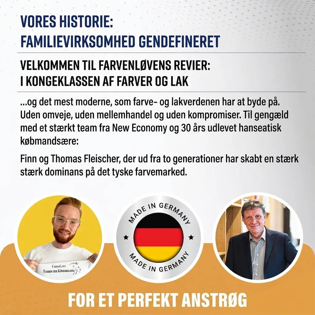 Tysk familiebedrift, Farbenlöwe, der redefinerer maling og lak. Fokus på kvalitet, direkte salg og 'Made in Germany'.