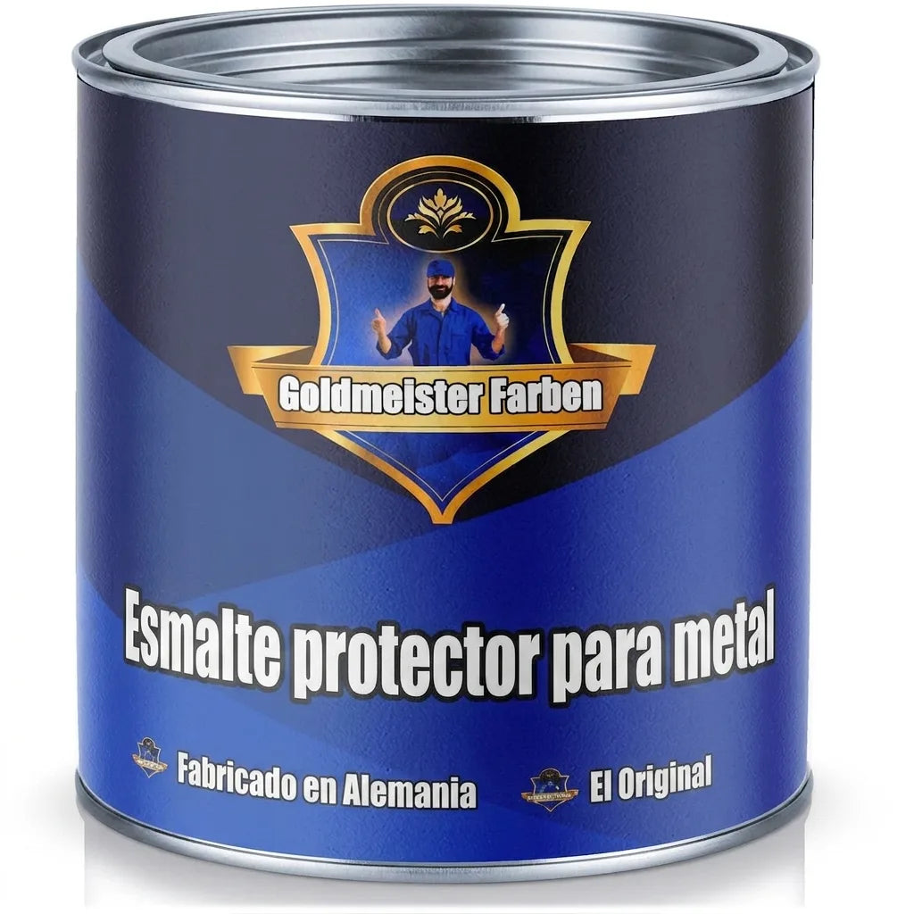 Bote de pintura azul para metal Goldmeister Farben. Lacado protector de metal fabricado en Alemania.