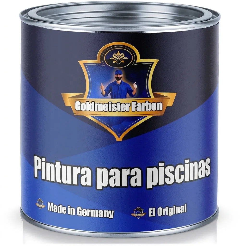 Lata de pintura azul Goldmeister Farben para piscinas, con el texto 'Made in Germany'.