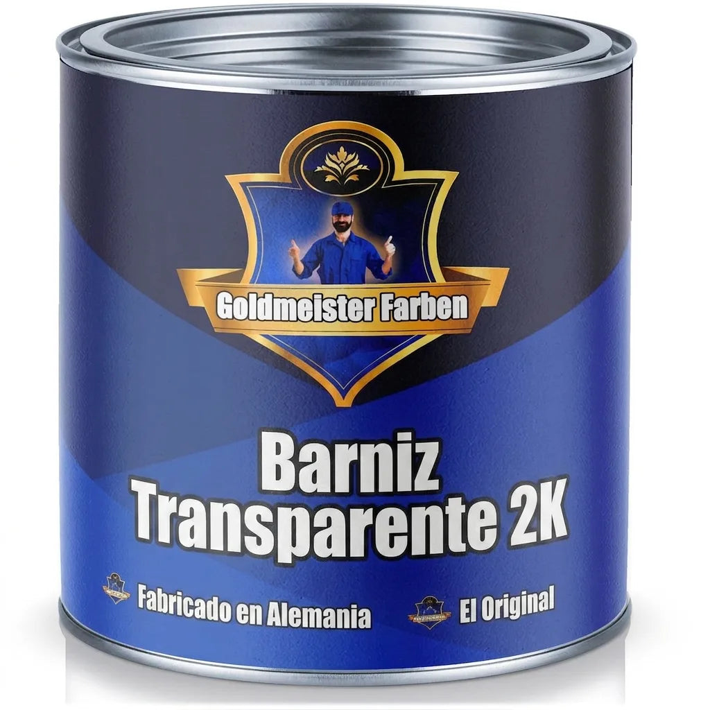 Bote de pintura azul Goldmeister Farben 2K Klarlack, hombre sonriendo con pulgares arriba, 'Das Original'.