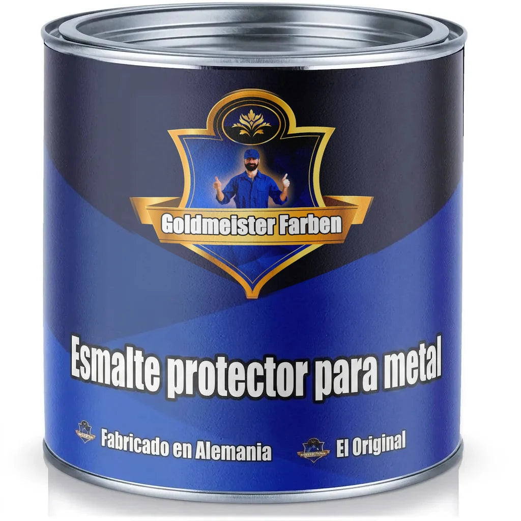 Bote de pintura azul para metal Goldmeister Farben. Lacado protector de metal fabricado en Alemania.