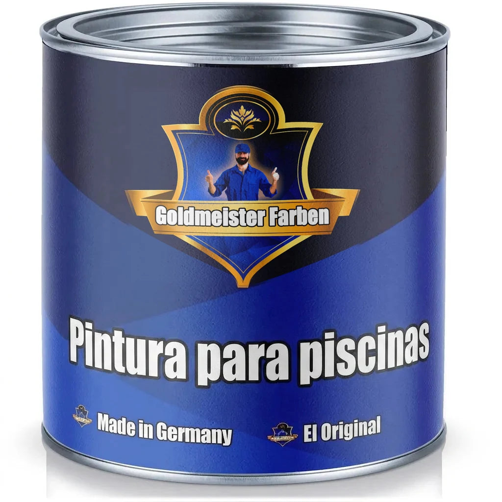 Lata de pintura azul Goldmeister Farben para piscinas, con el texto 'Made in Germany'.