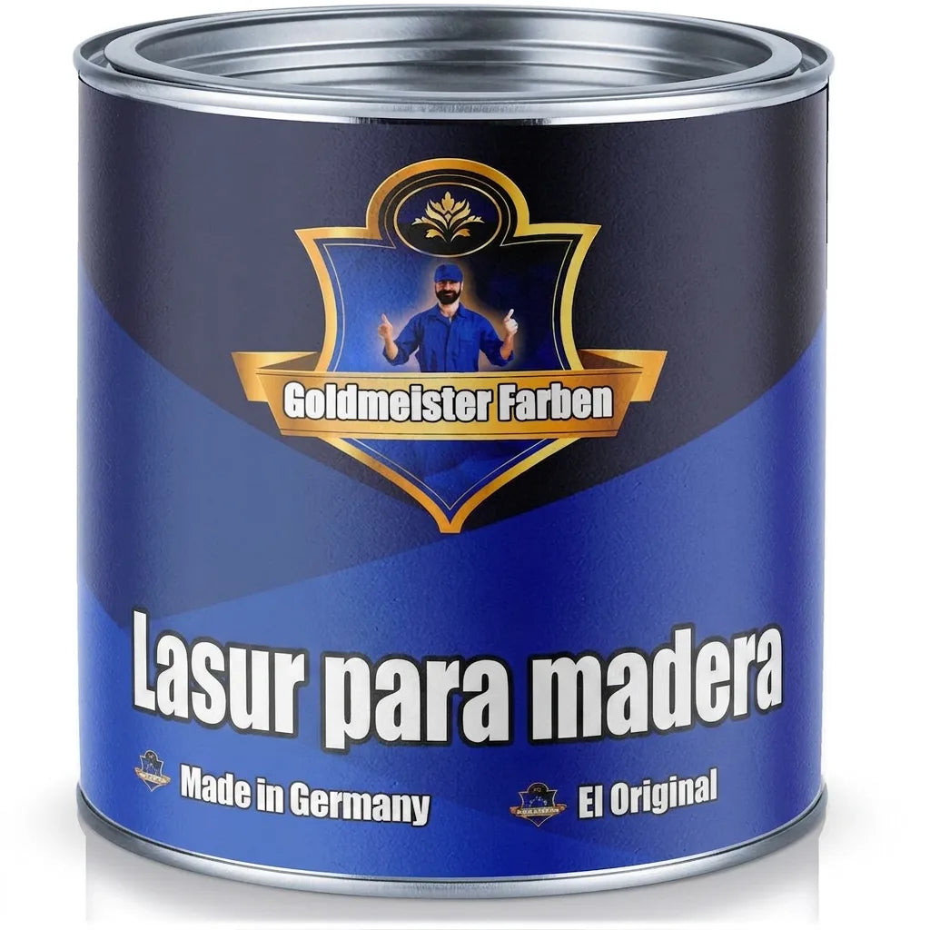 Bote de barniz para madera azul Goldmeister Farben, 'Made in Germany', con etiqueta de un hombre aprobando.