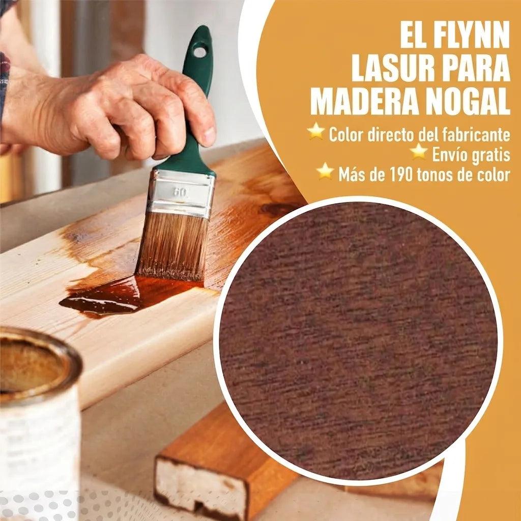 Persona aplicando lasur de madera nogal Flynn con brocha; texto promocional con envío gratuito y 190 tonos.