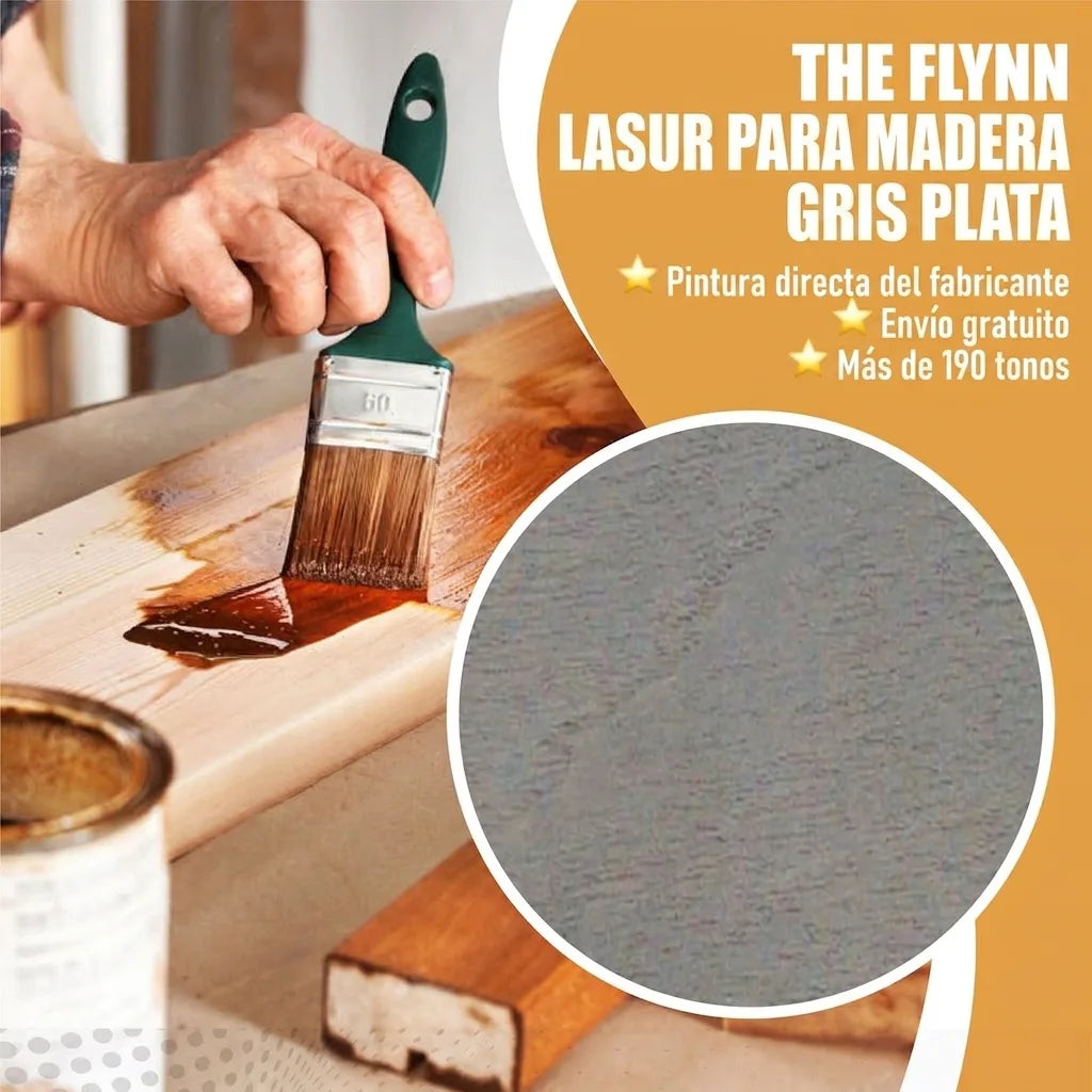 Mano aplicando lasur de madera gris plata The Flynn a tablones con pincel. Muestra de color y texto promocional.