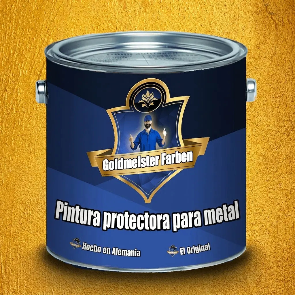 Bote de pintura azul 'Goldmeister Farben' para protección de metal, con etiqueta dorada y hombre haciendo pulgar arriba.
