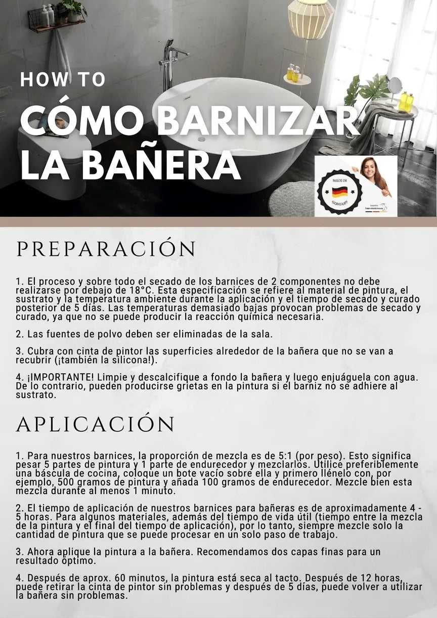 Instrucciones detalladas en alemán para pintar una bañera, incluyendo pasos de preparación y aplicación.