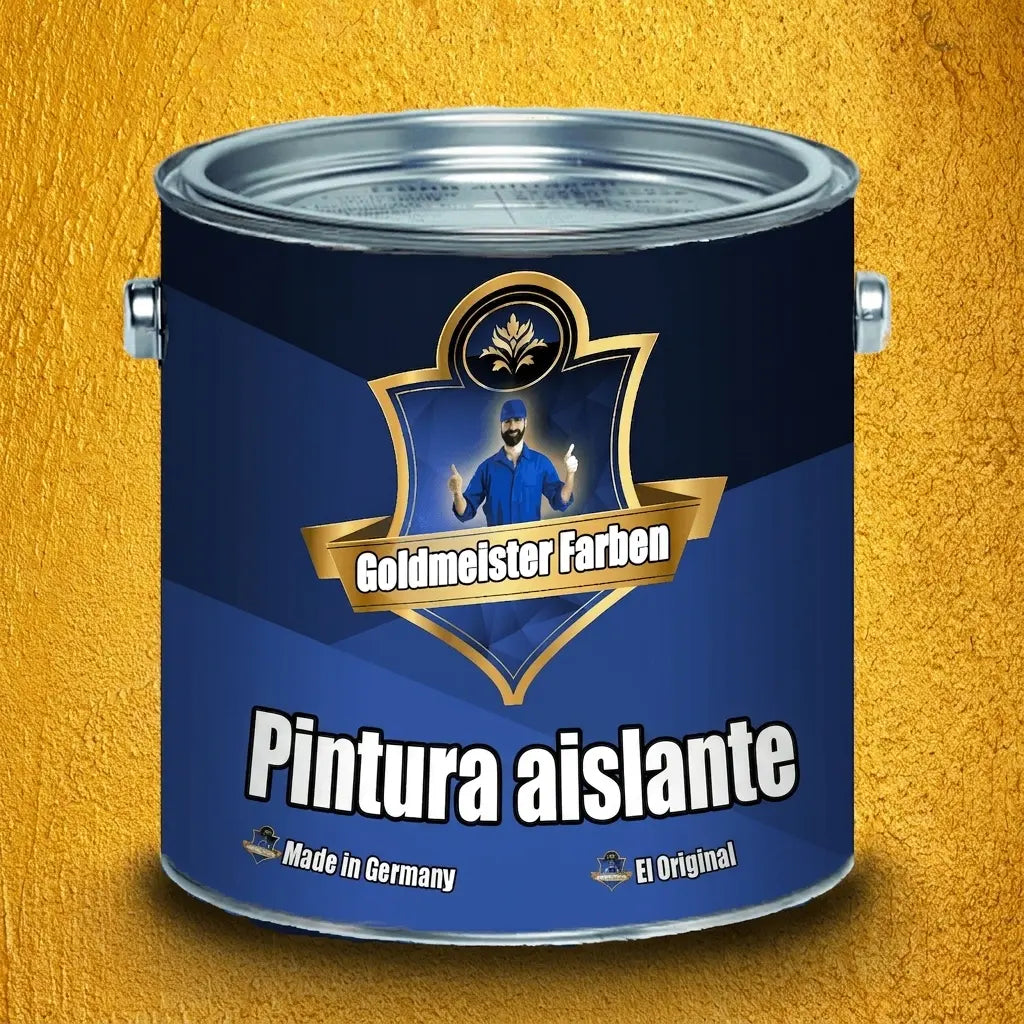 Lata de pintura azul de Goldmeister Farben, para aislamiento, con logo y un hombre dando el pulgar arriba, sobre fondo dorado.