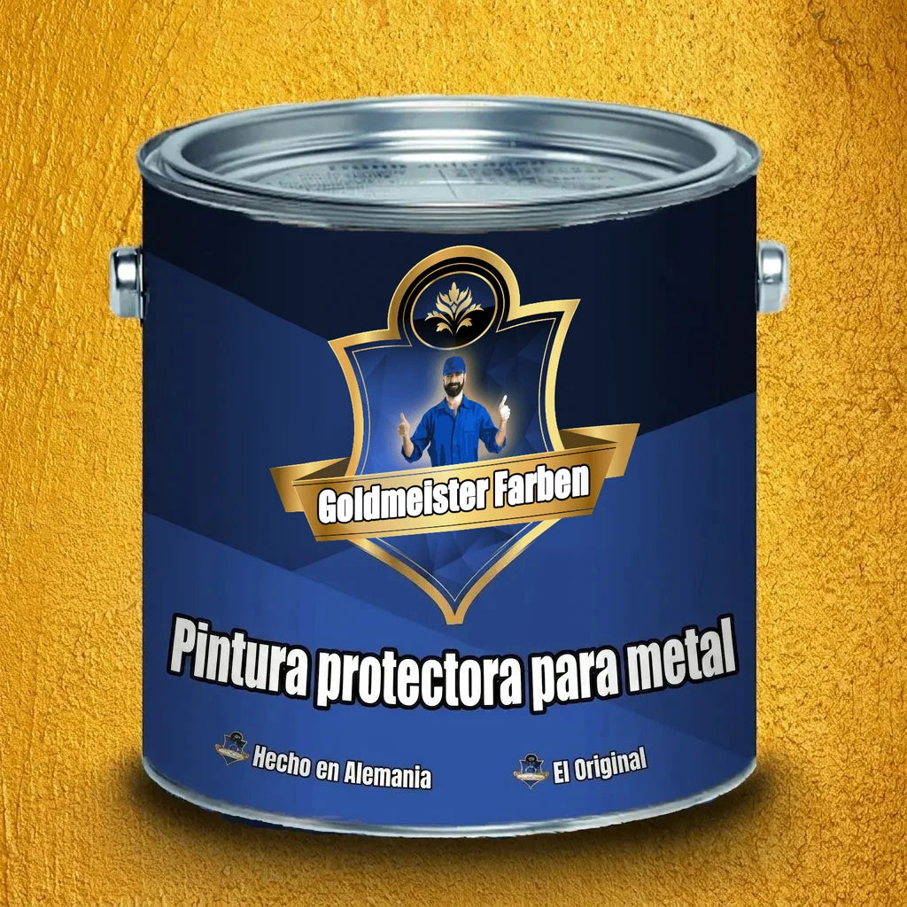 Bote de pintura azul 'Goldmeister Farben' para protección de metal, con etiqueta dorada y hombre haciendo pulgar arriba.