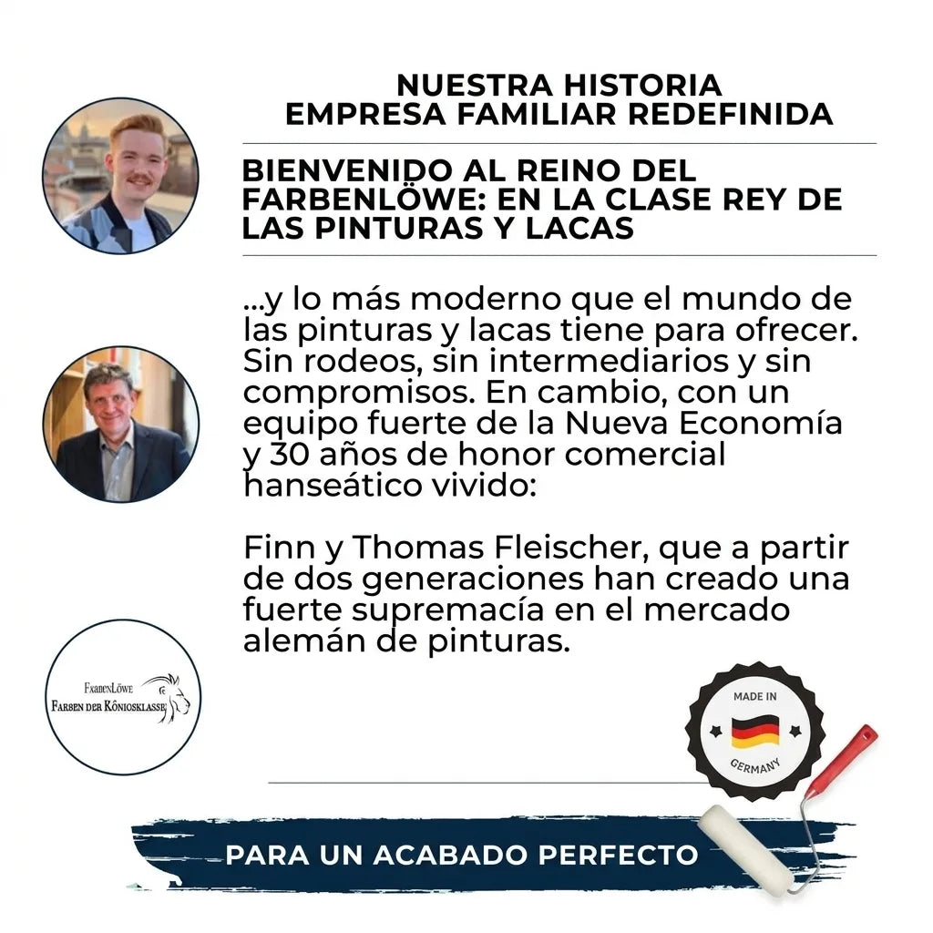 Infografía de Farbenlöwe: historia familiar, pinturas premium, fundadores Finn y Thomas Fleischer, Made in Germany.