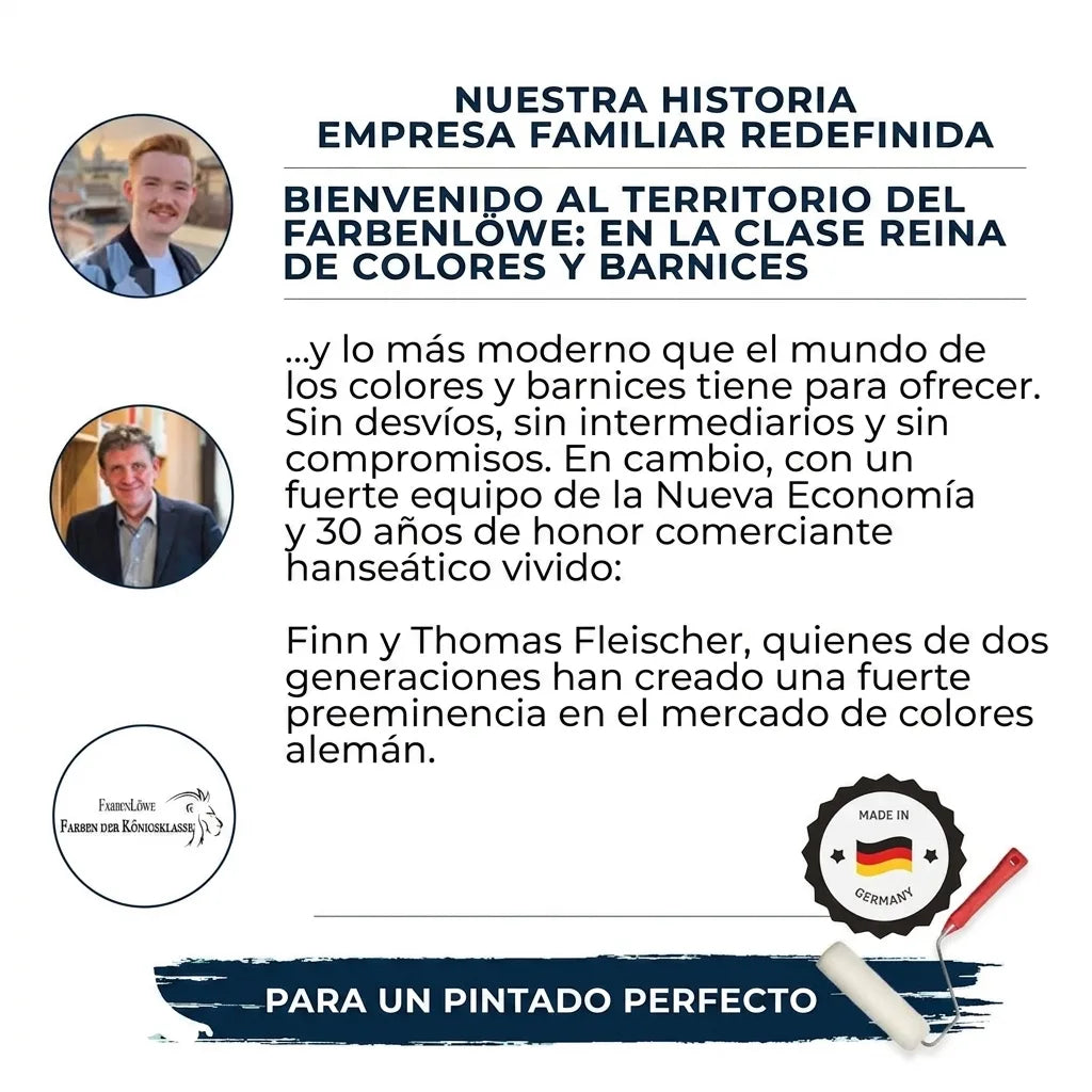 Historia de Farbenlöwe, empresa familiar que ofrece pinturas y lacas de alta calidad, con 2 generaciones de experiencia.