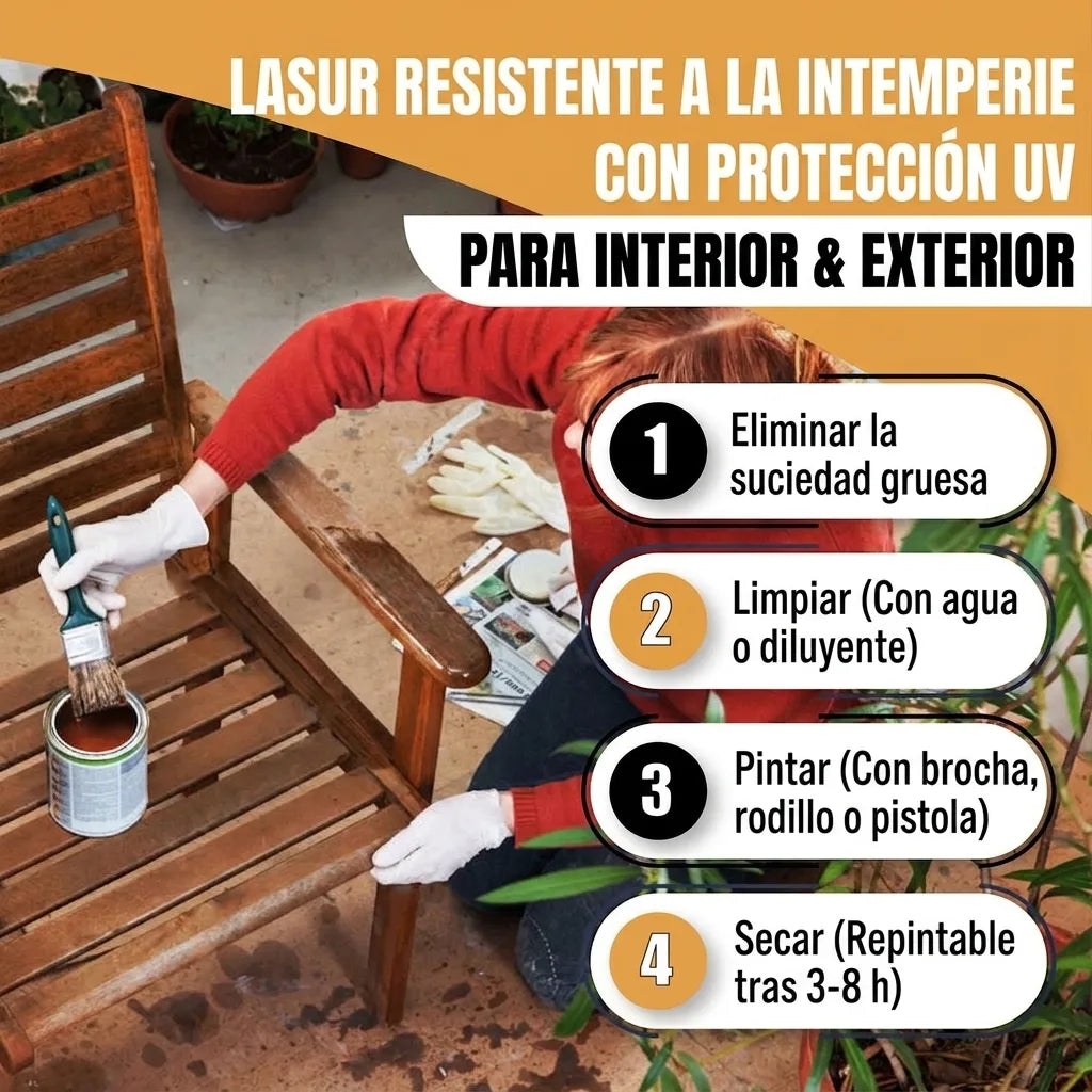 Mujer pintando una silla de madera. El texto en alemán anuncia un esmalte resistente a la intemperie con protección UV para interior y exter