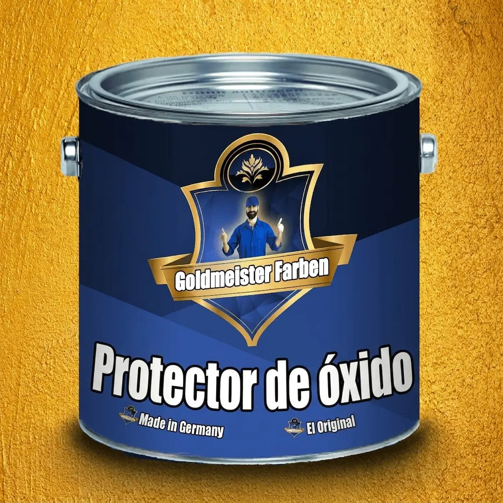 Bote de pintura azul oscuro con la marca Goldmeister Farben y la palabra "Rostschutz" en blanco. Incluye un logo con un hombre dando dos pul