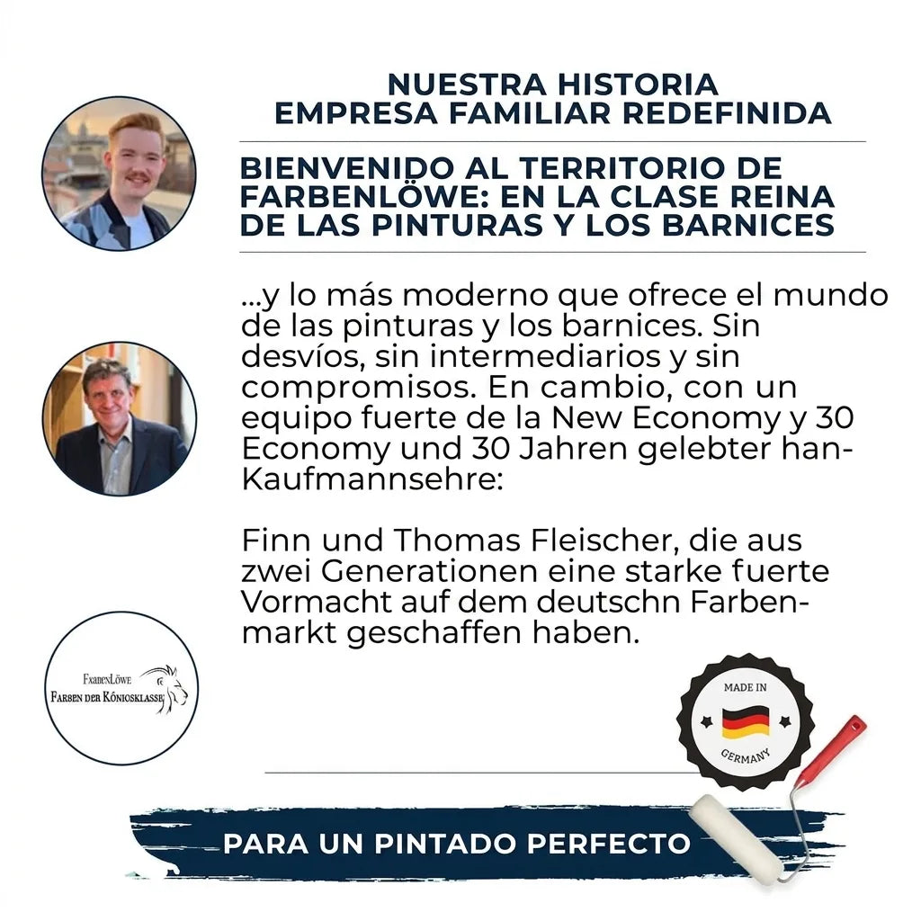 Anuncio de la empresa familiar alemana Farbenlöwe, destacando su calidad, modernidad y 2 generaciones de experiencia en pinturas.