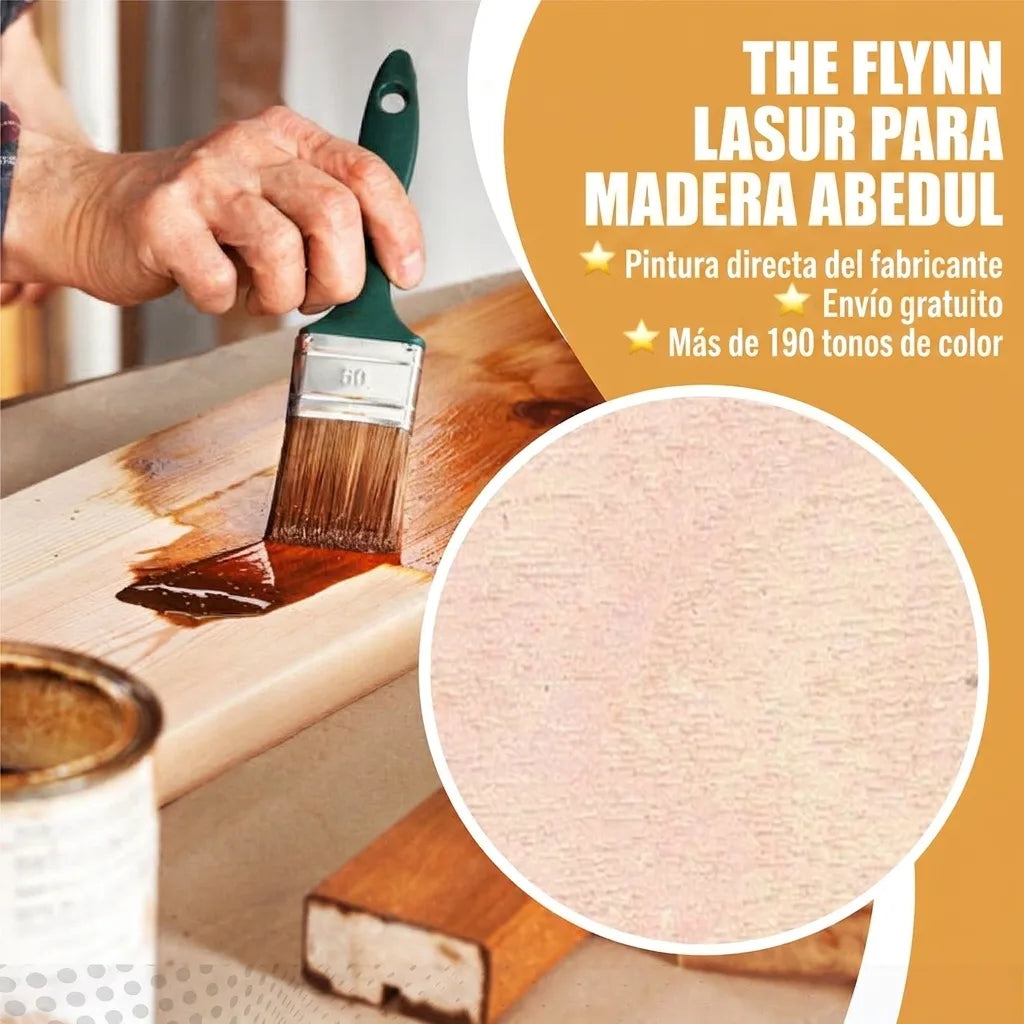 Hombre aplicando lasur de madera FLYNN BIRKE con pincel. Destaca color abedul, envío gratis y más de 190 tonos.