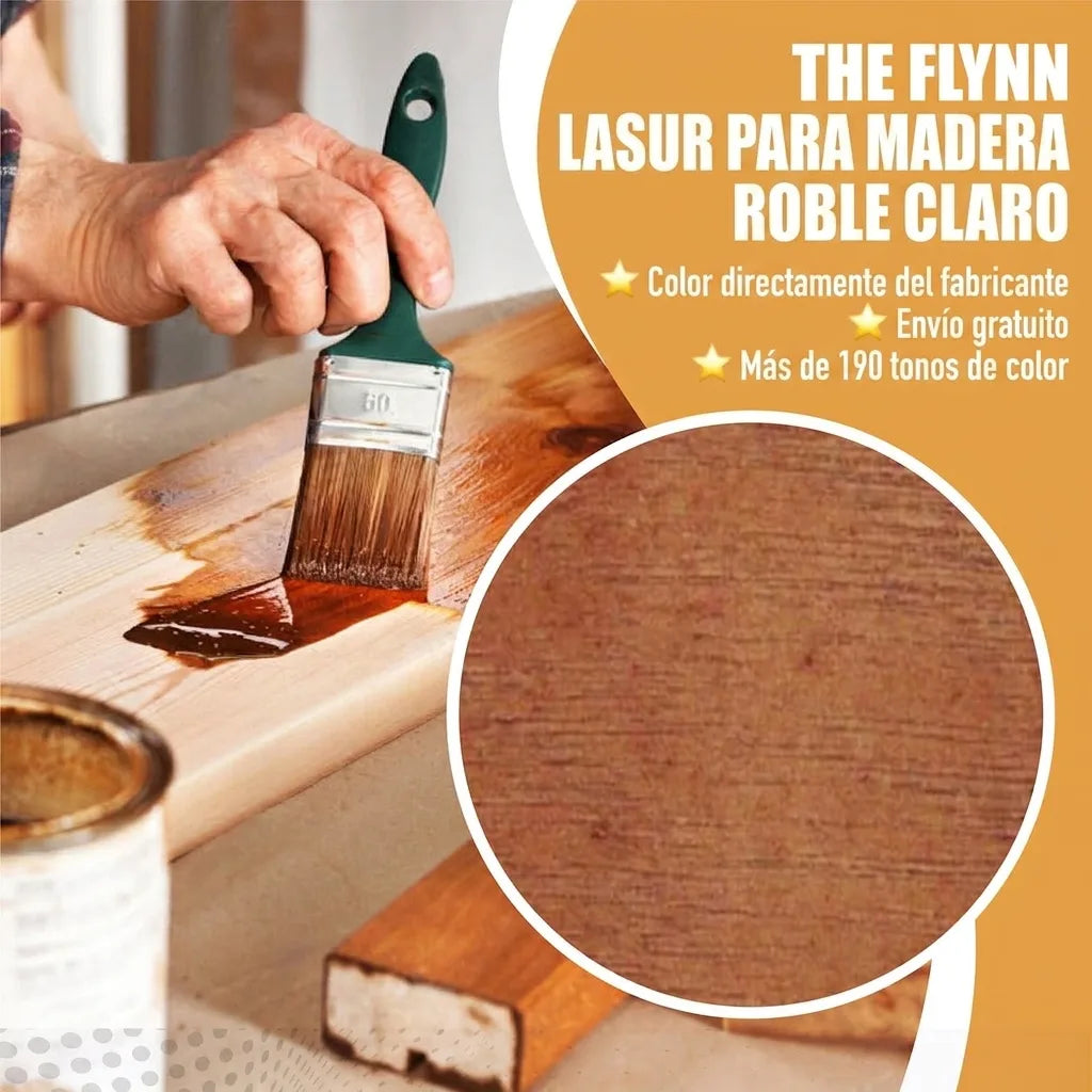 Persona aplicando lasur para madera The Flynn Eiche Hell con brocha, con muestra de textura de roble claro.