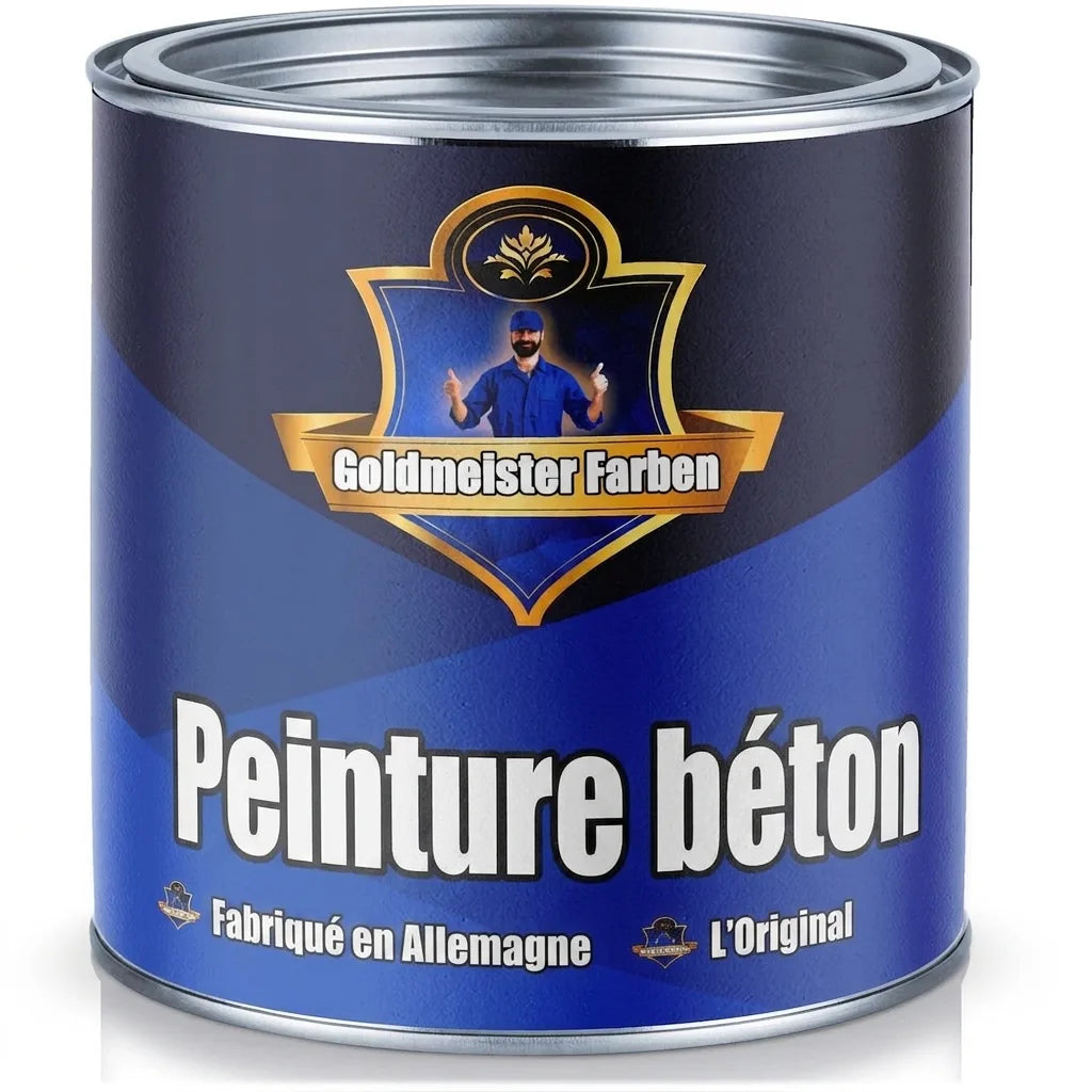 Pot de peinture bleue Goldmeister Farben pour béton, avec un homme faisant un pouce levé, fabriqué en Allemagne.