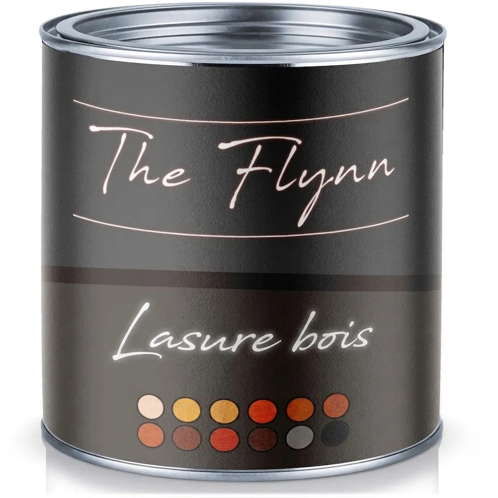 Pot de lasure The Flynn pour bois avec échantillons de couleurs visibles