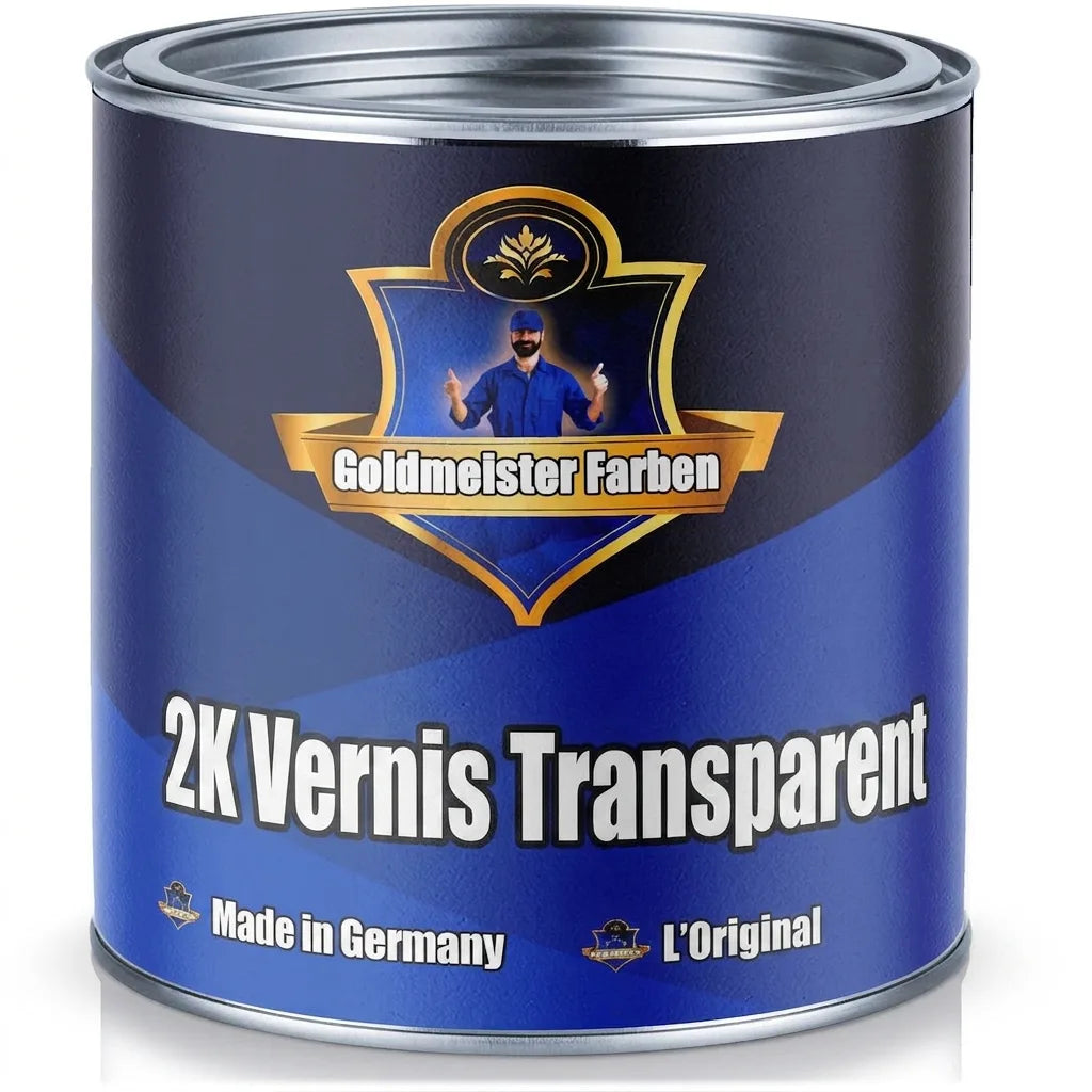 Pot de vernis transparent 2K Goldmeister Farben, fabriqué en Allemagne. Étiquette avec homme au pouce levé.