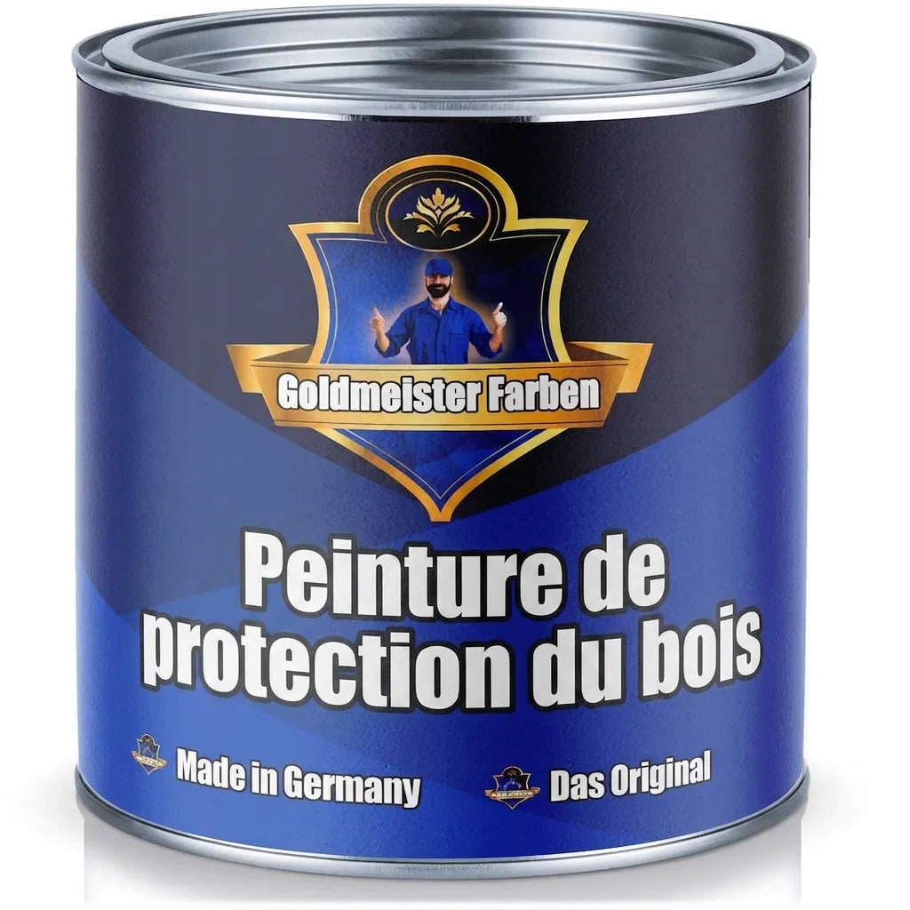 Pot de peinture Goldmeister Farben Holzschutzfarbe, étiquette bleue, texte "Made in Germany" et logo d'un homme.