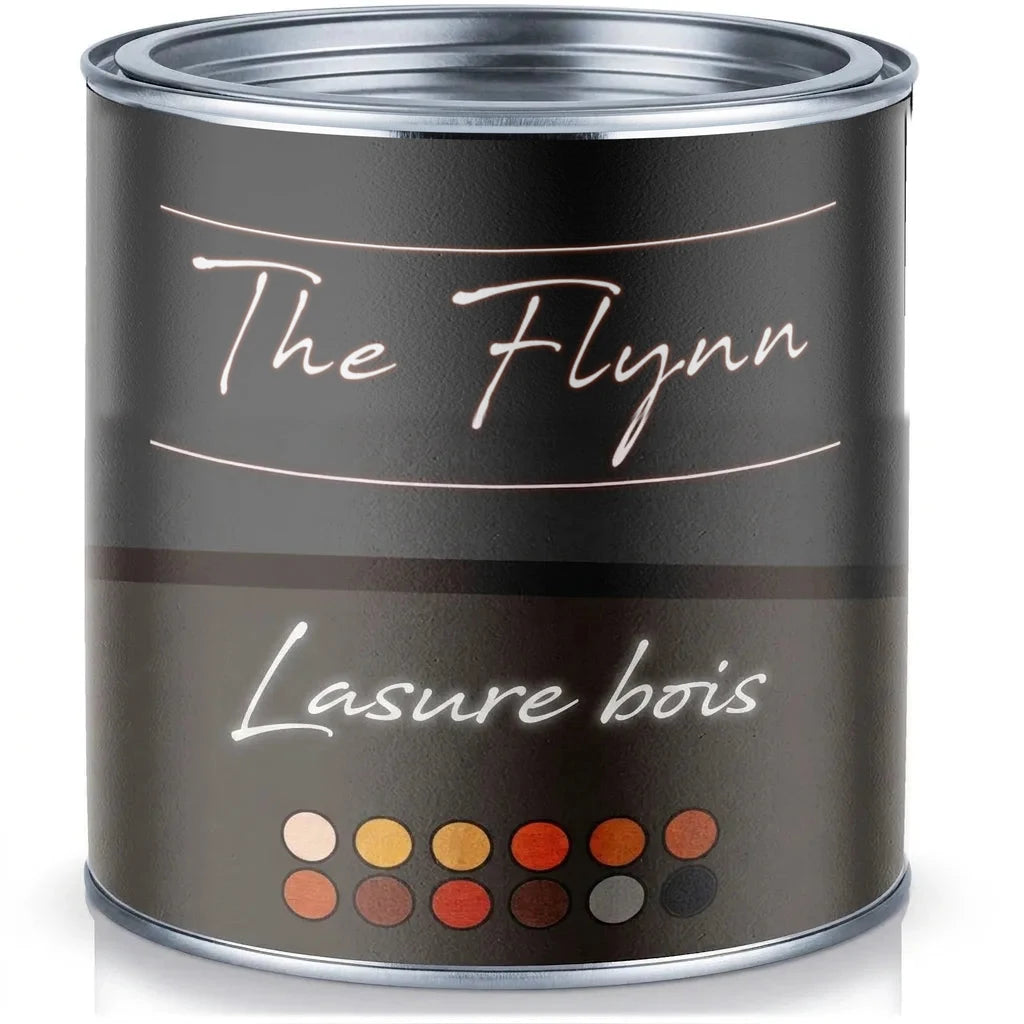 Pot de lasure The Flynn pour bois avec échantillons de couleurs visibles