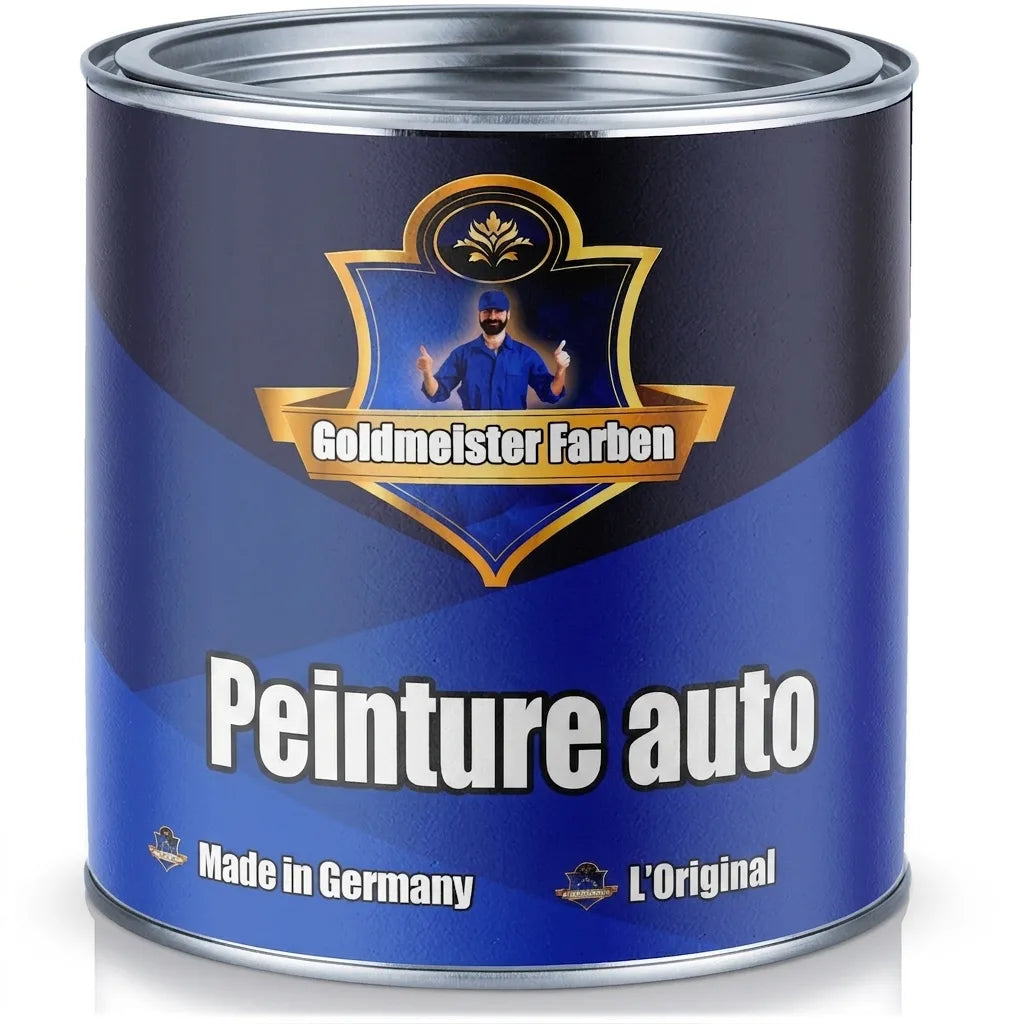 Pot de peinture auto bleu Goldmeister Farben, Made in Germany, avec un homme en uniforme et pouce levé