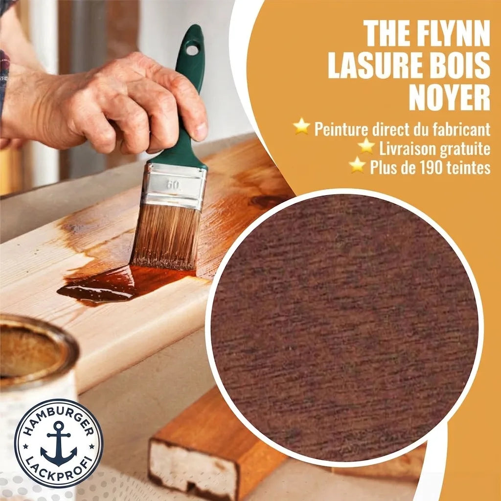 Publicité pour la lasure à bois The Flynn couleur noyer. Une main l'applique au pinceau sur une planche.