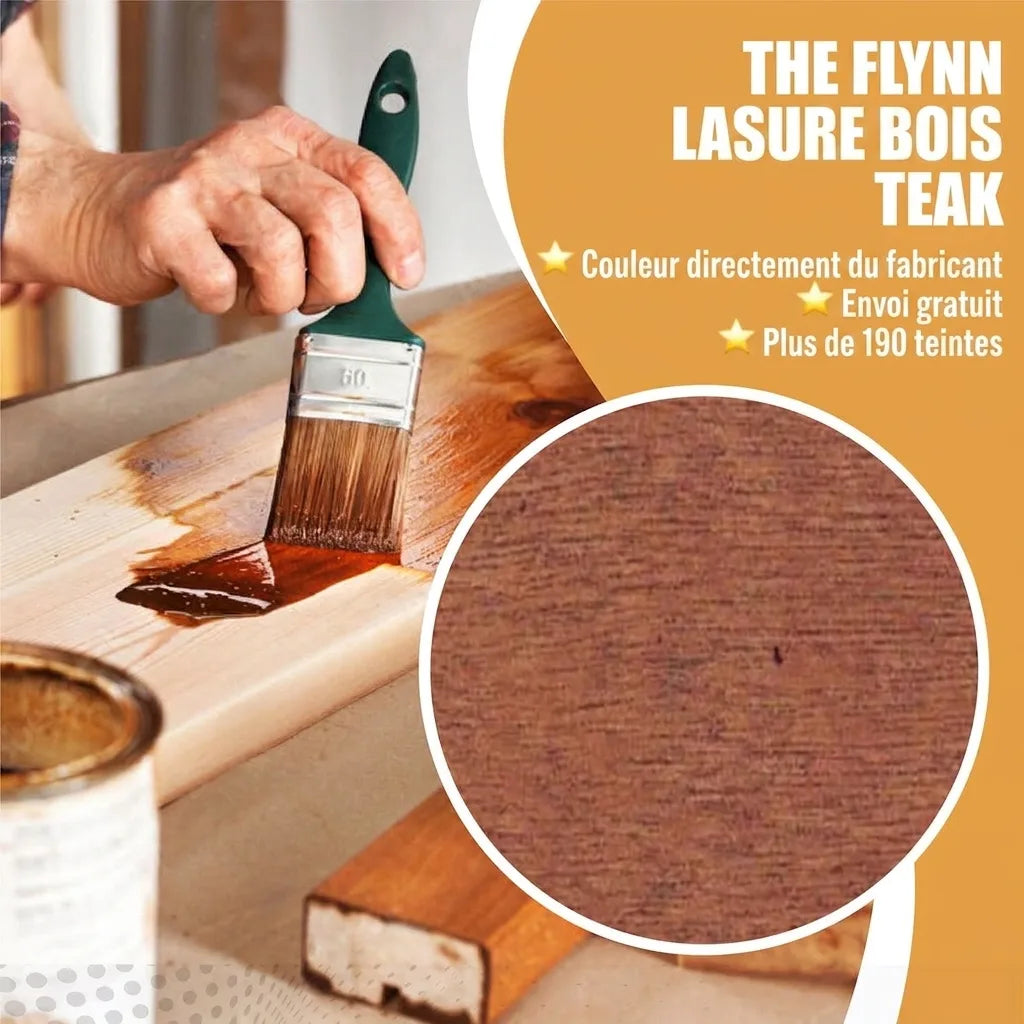 Application de lasure bois Flynn couleur teck. Lasure directe fabricant, livraison gratuite, plus de 190 teintes.