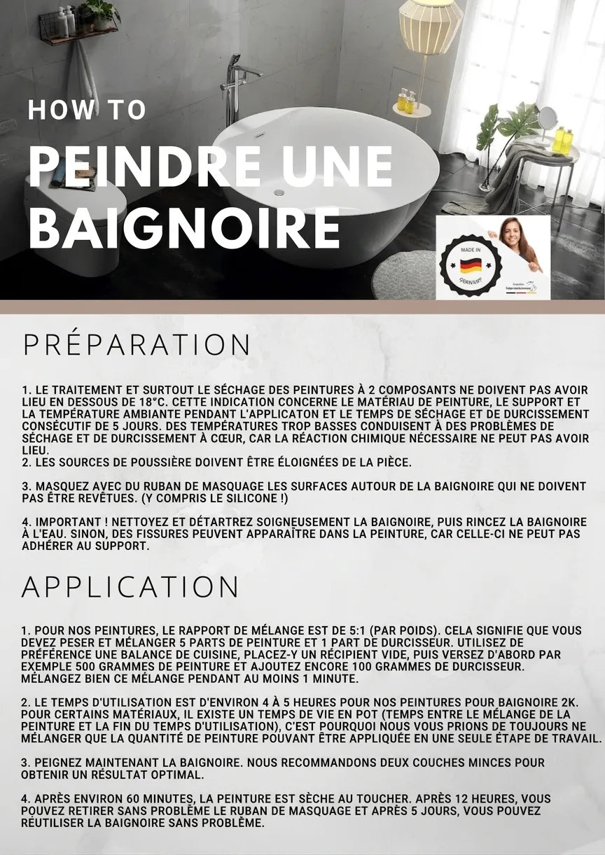 Instructions étape par étape pour peindre une baignoire, avec des sections de préparation et d'application.