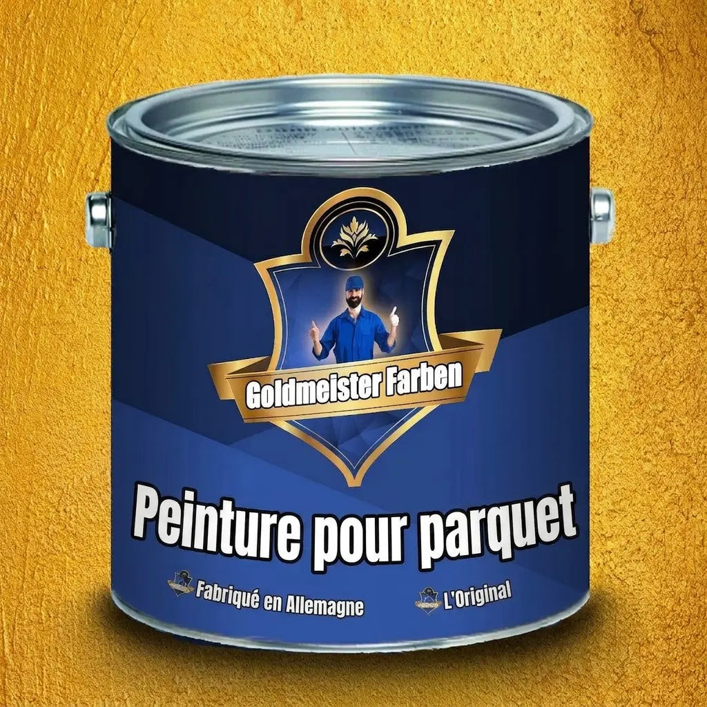 Pot de peinture Goldmeister Farben Parkettlack bleu sur fond doré, avec logo homme souriant.