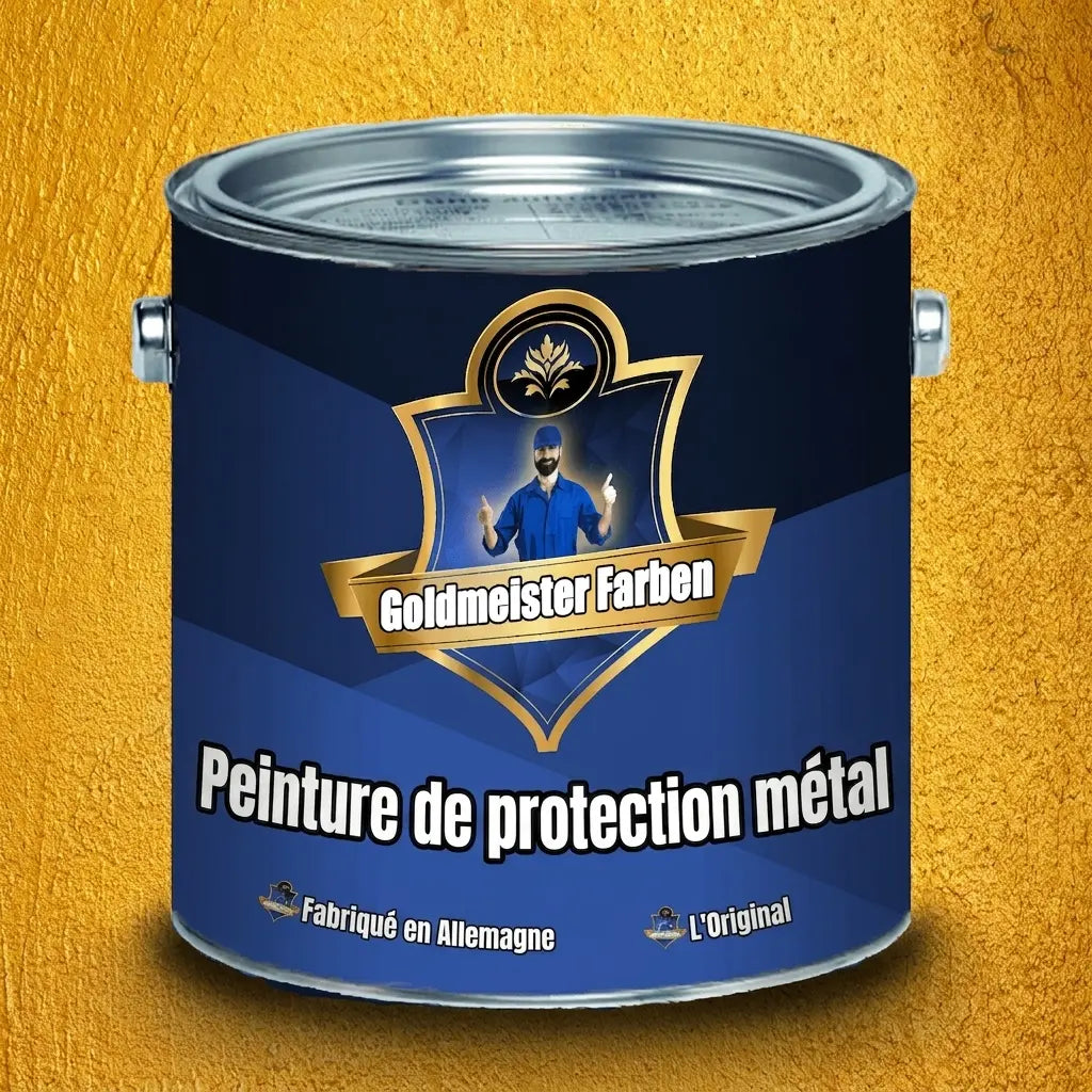 Pot de peinture métal bleue Goldmeister Farben, inscription 'Metallschutzfarbe' (protection métal) et 'Made in Germany'.