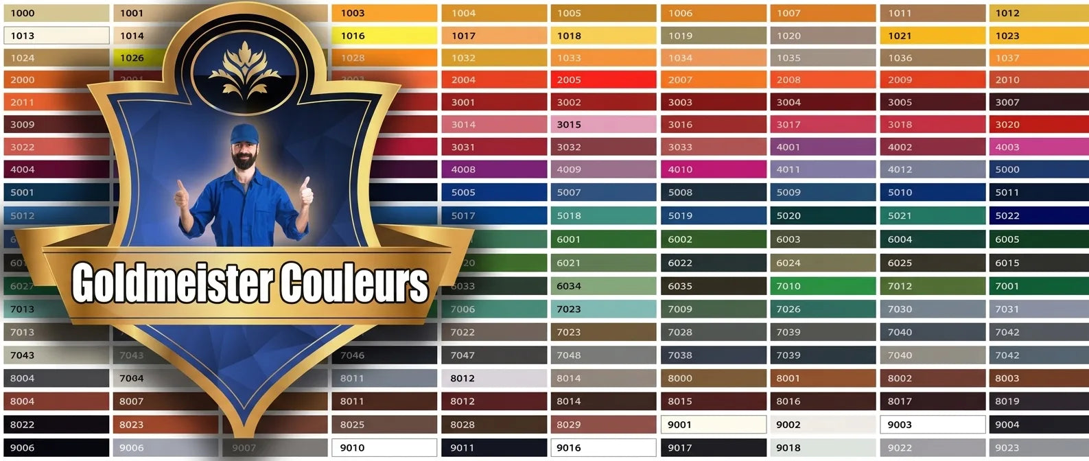 Nuancier de couleurs Goldmeister avec codes numériques, présentant le logo et un homme souriant.