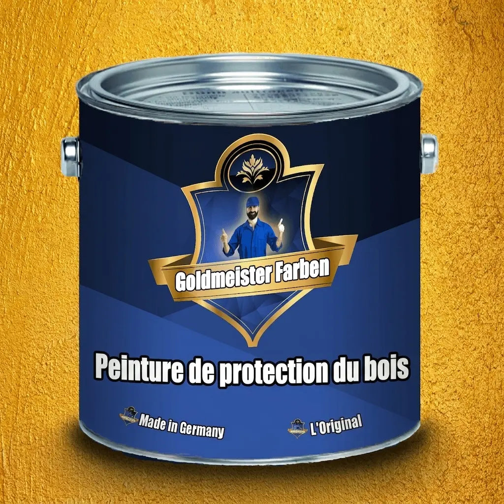 Pot de peinture bleu Goldmeister Farben (Holzschutzfarbe), avec étiquette texte allemand, Made in Germany, fond doré.