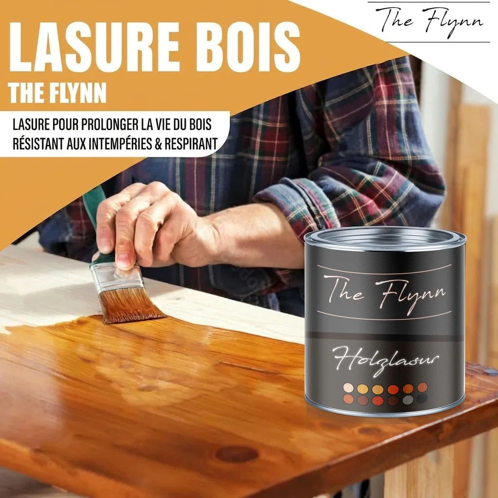 Lasur bois The Flynn : homme appliquant la lasure sur une planche. Pot "The Flynn Holzglasur".