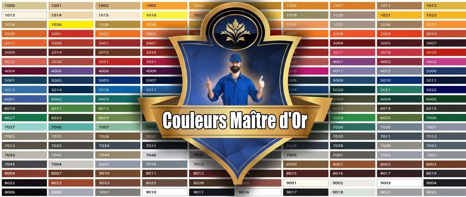 Nuancier Goldmeister Farben : palette de couleurs avec codes numériques et homme souriant au premier plan.