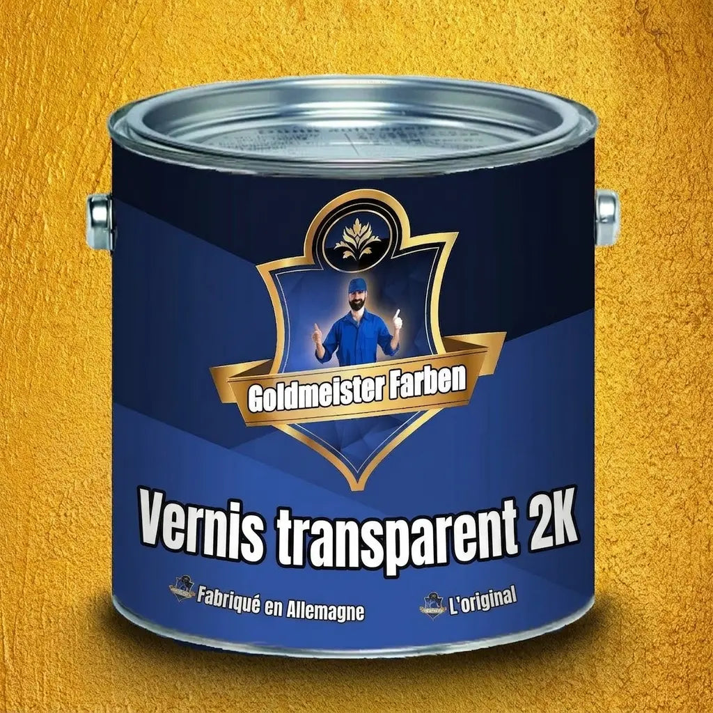 Pot de peinture bleu Goldmeister Farben 2-K Klarlack sur fond texturé doré. Made in Germany, Das Original.