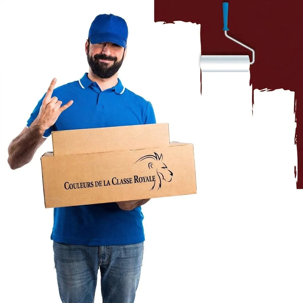 Livreur souriant avec cartons de peinture FarbenLöwe "Couleurs de la Classe Royale". Rouleau à peinture.