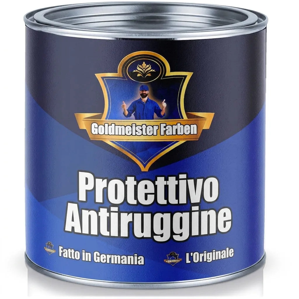 Lattina di vernice blu Goldmeister Farben Rostschutz, Made in Germany, con operaio sorridente.