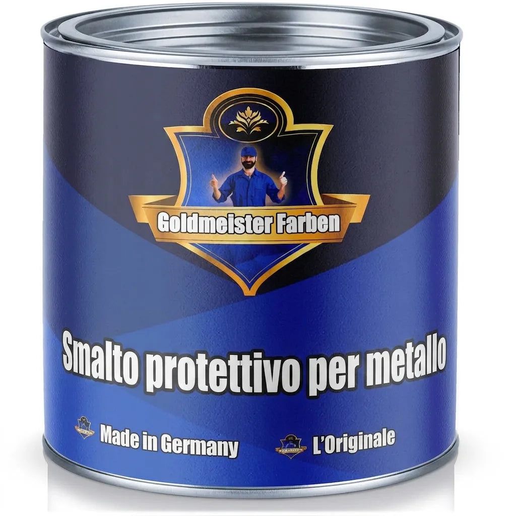 Lattina di vernice blu Goldmeister Farben Metallschutzlack, con uomo che fa il pollice in su, Made in Germany.