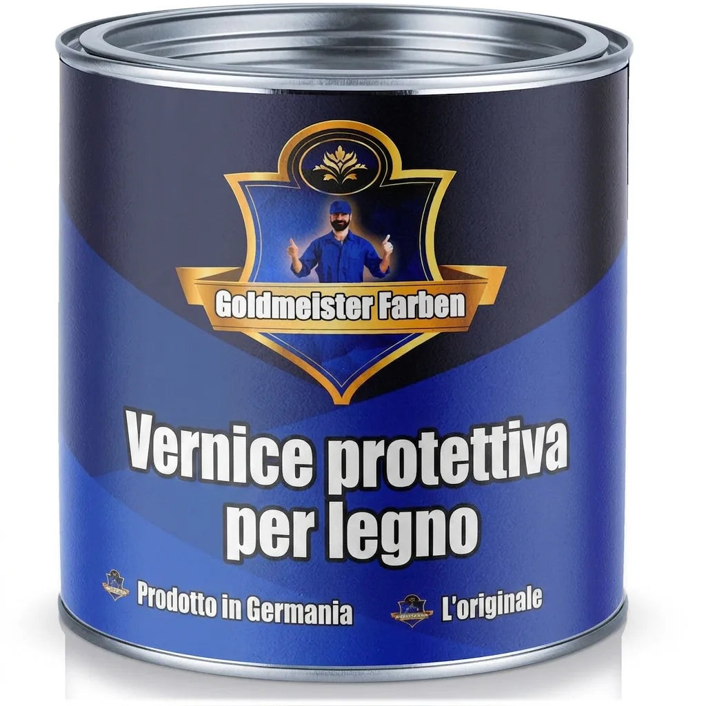 Lattina di vernice blu Goldmeister Farben, vernice protettiva per legno Made in Germany.