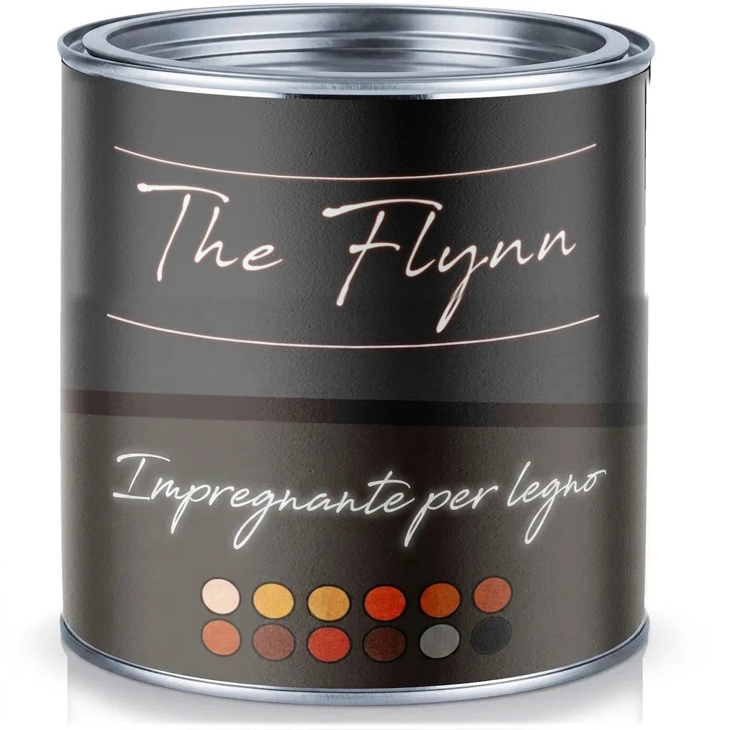 Lattina di vernice nera con etichetta 'The Flynn Holzglasur' e palette di colori.