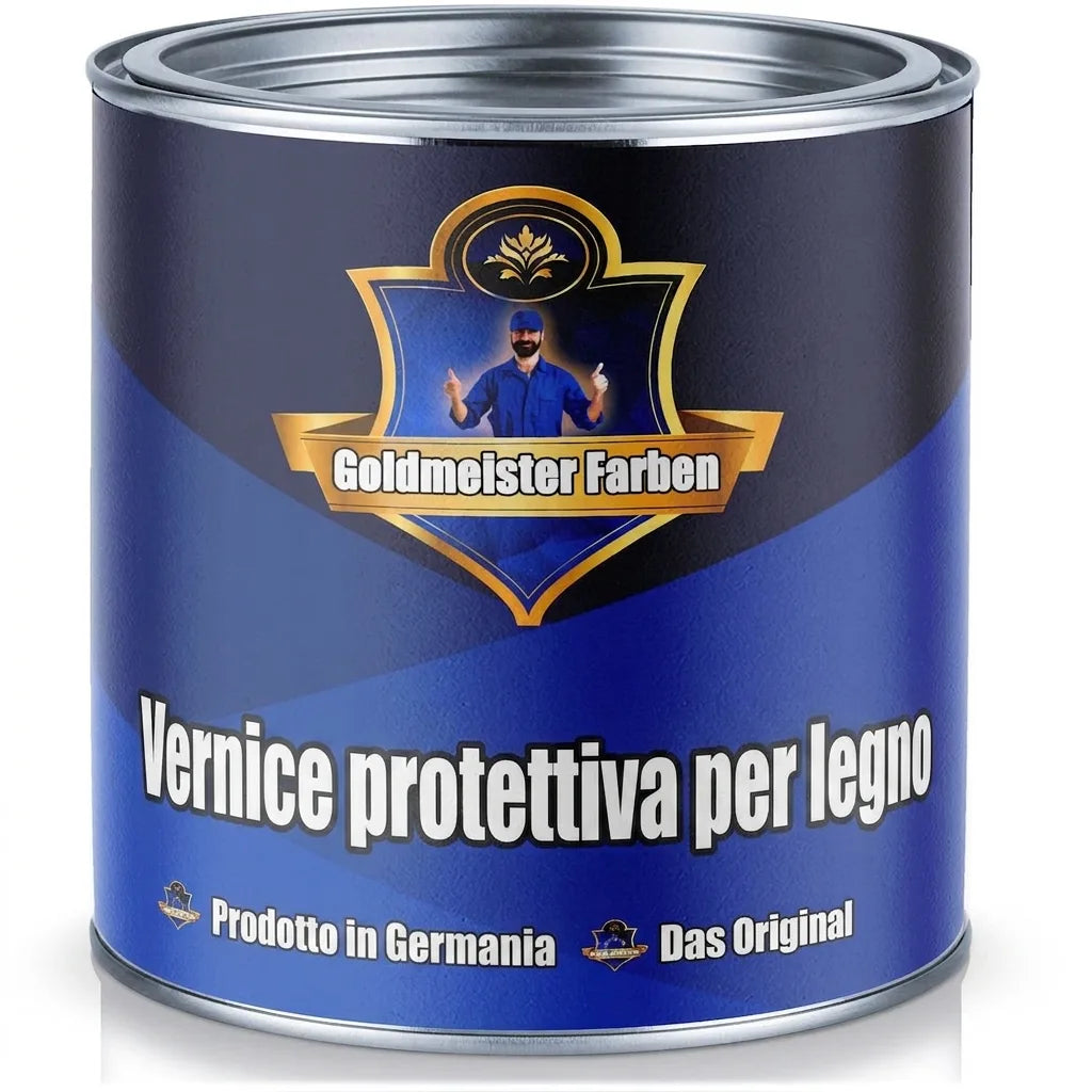 Barattolo di vernice protettiva per legno Goldmeister Farben, colore blu, Made in Germany.