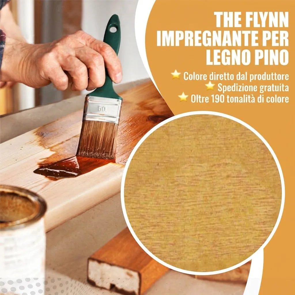 Mano che applica impregnante per legno su tavola con pennello. Immagine del legno non trattato. Pubblicità impregnante legno Flynn Kiefer.