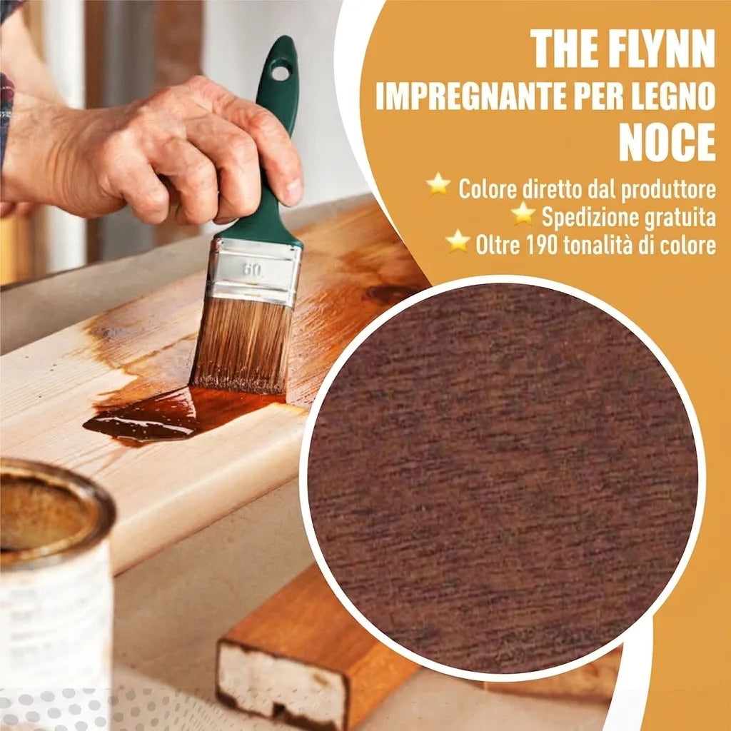 Mano applica mordente legno noce con pennello; campione di legno scuro. Pubblicità Lasur Flynn Nussbaum, 190+ tonalità.
