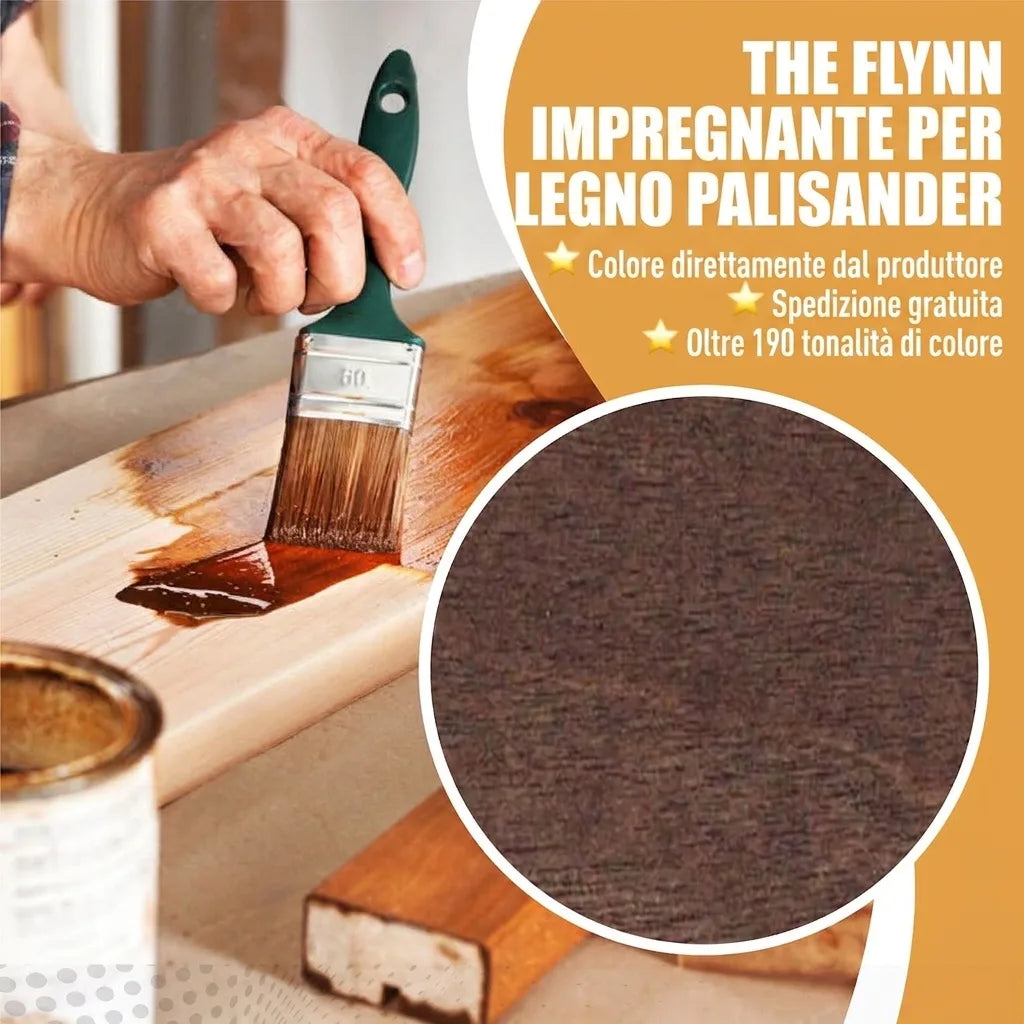 Persona che applica impregnante legno The Flynn Palisandro con pennello, con dettagli su spedizione e colori.
