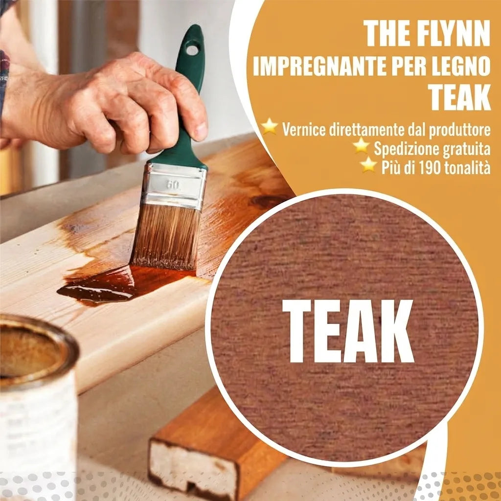 Impregnante legno Flynn Teak applicato con pennello. Spedizione gratuita e oltre 190 tonalità disponibili.